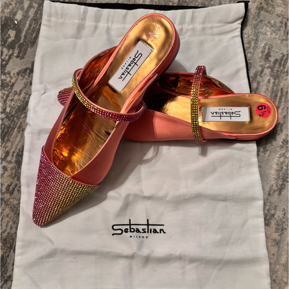 Sebastian Milano pink satin and sequins slides.  Size 6 1/2.